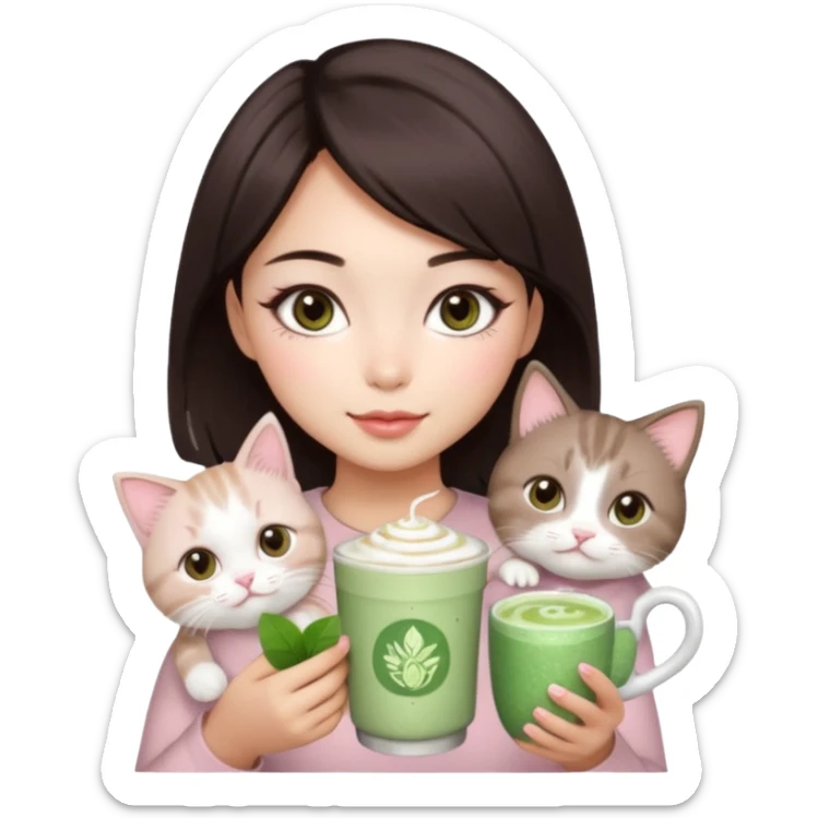 asian girl with short dark brown hair and dark brown eyes with a soft girl pink glowup aesthetic, matcha latte, 2 light brownragdoll cats, and sparkles, makeup, and money. more sparkles sticker