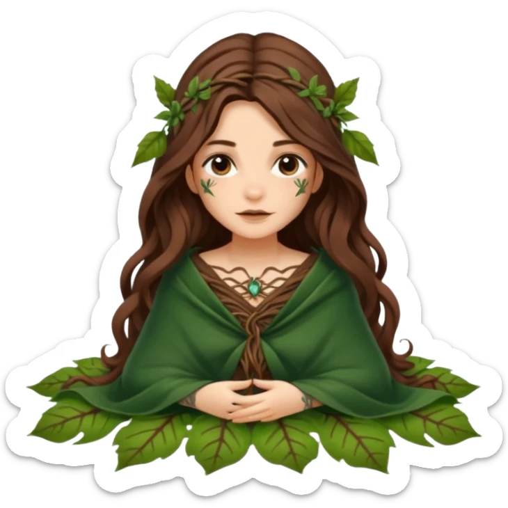 cute forest witch woman long wavy brown hair tattoos wrapped in leaf blanket sticker