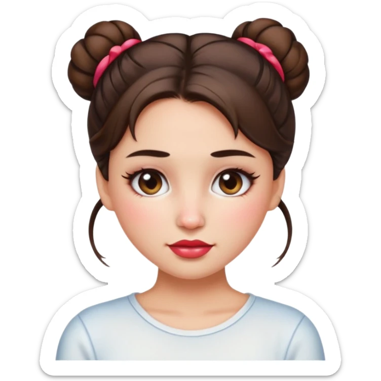 “Emoji brunette girl hair in bun white top, dewy skin, heavy blush across cheeks and nose bridge, glossy cherry lips, soft eyeliner, teary sparkling eyes like hanni from new jeans sticker