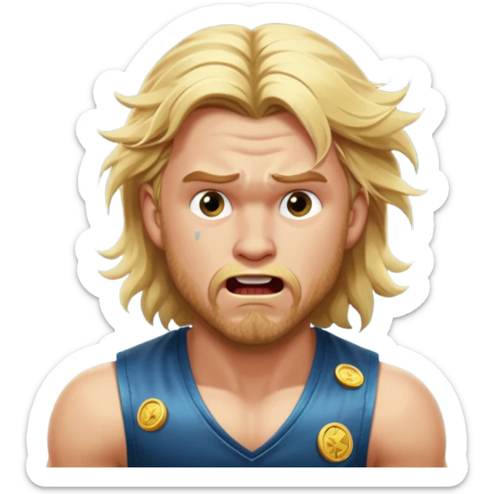 disheveled Thor losing money at a slot machine, panicked face, coins flying sticker