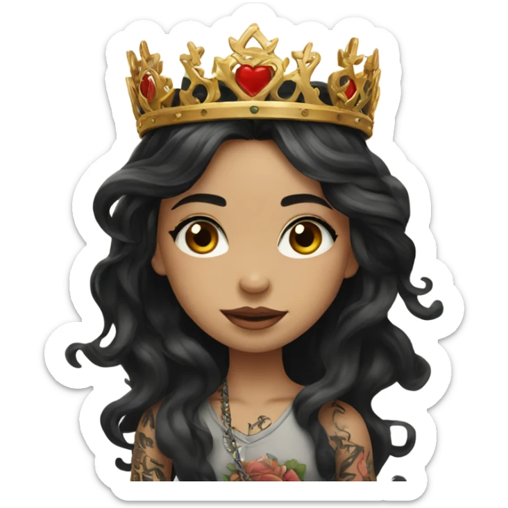 beautiful girl, with tattoos, wears a crown with long black hair, wavy hair, chinese sticker
