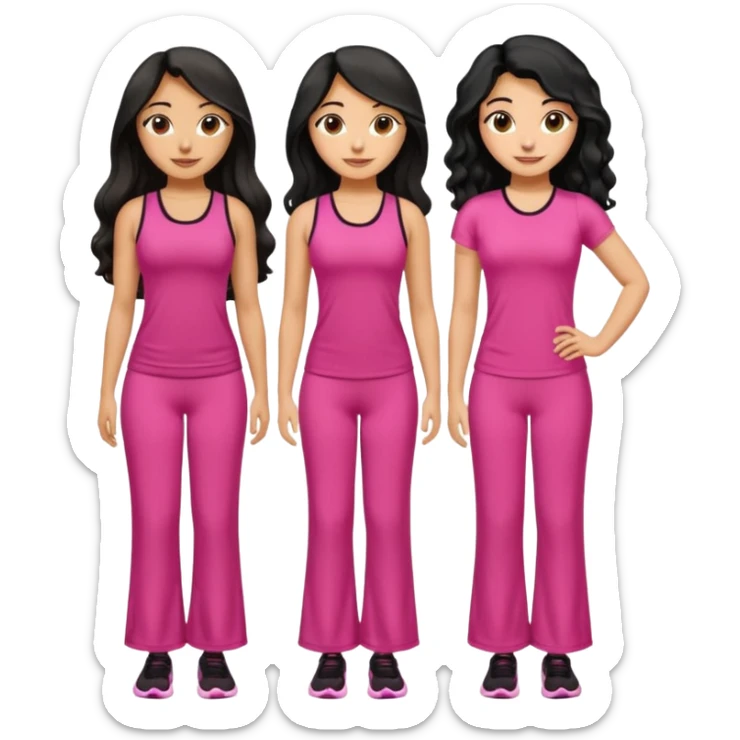 3 olive skin tone best friends. First one wearing pink gym attire modest with long black hair wavy. Second one wearing a pink fitted long maxi dress with curves long black hair and the last one wearing pink casual clothes with brown mid length hair similing looking glammed up  sticker