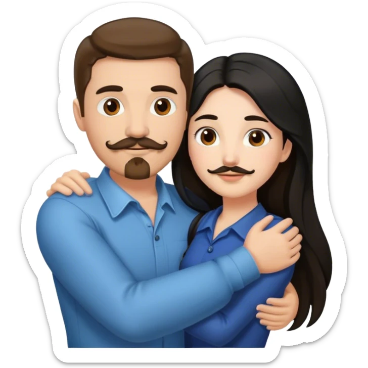 a white girl with long black hair hugging a white guy with brown hair goatee mustache sticker