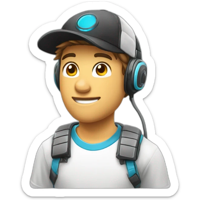 jeune homme gamer avec un casque micro, l'air sérieux, une casquette blanche sticker