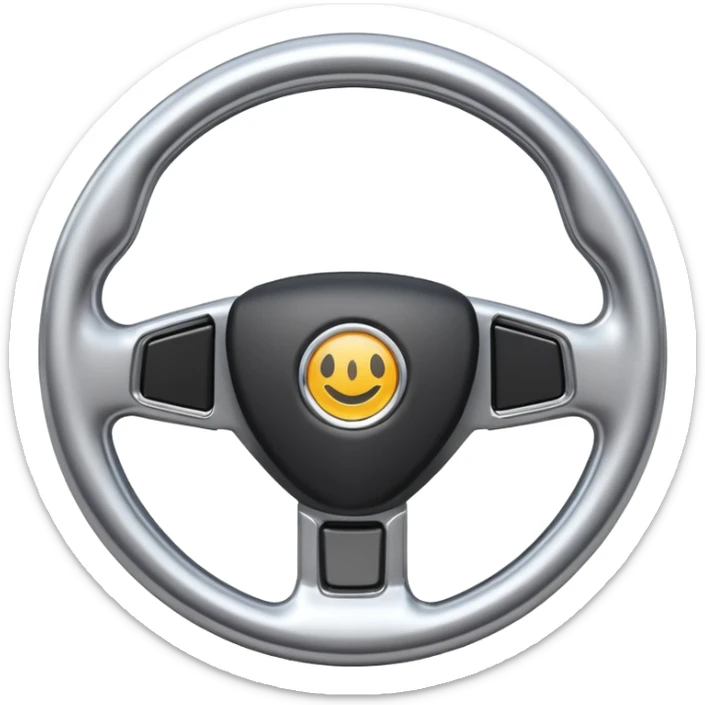 A futuristic steering wheel emoji made of silver chrome, minimal geometric design, smooth metallic surface, soft reflections, iOS emoji style, centered, clean white background sticker