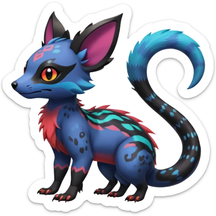Rare exotic cute epic aesthetic gothic colorful Salandit-Eevee-Civet-species-Fakemon-hybrid-creature, with markings, full body sticker