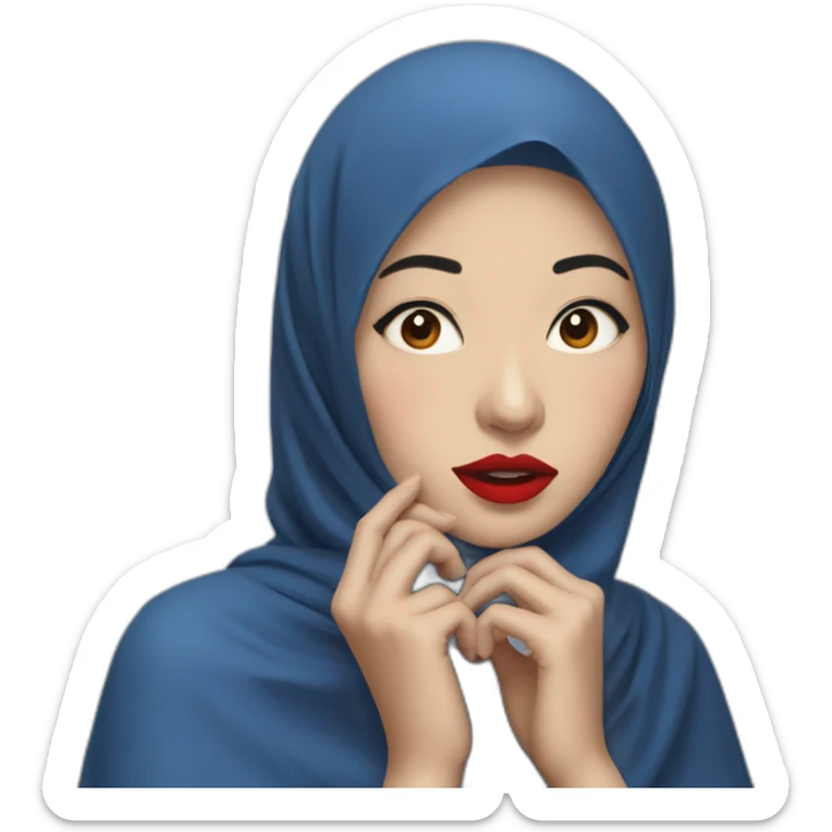 Asian women wearing blue indigo hijab with red lipstick with shocked face sticker