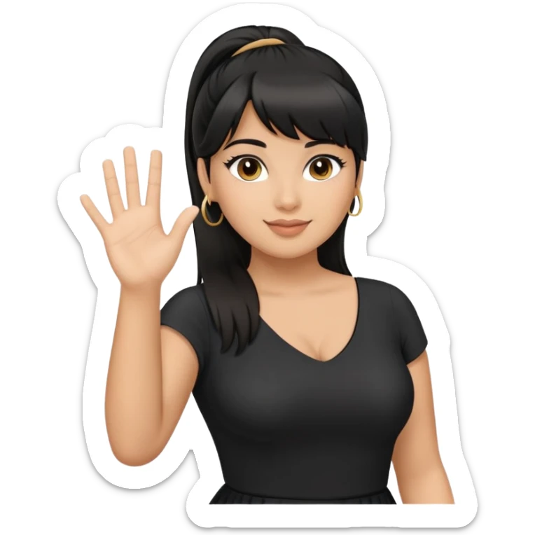 Latina girl with bangs black long hair in pony tail plus size black dress waving hand hello sticker