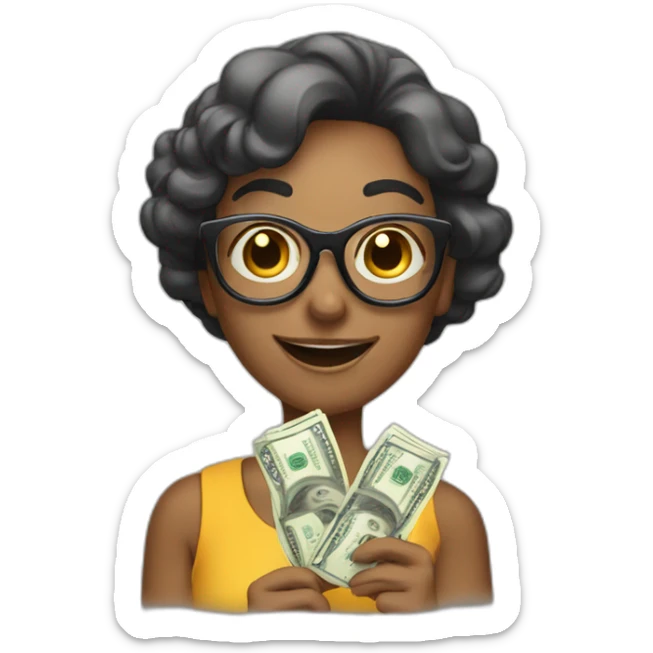 An emoji with smokey glasses and a smiling face with money in her hands sticker