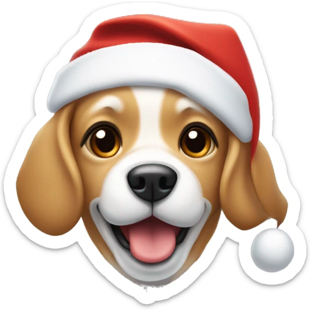 Small happy Tan dog with a white chests and nose strip, floppy ears, wearing a Santa hat sticker