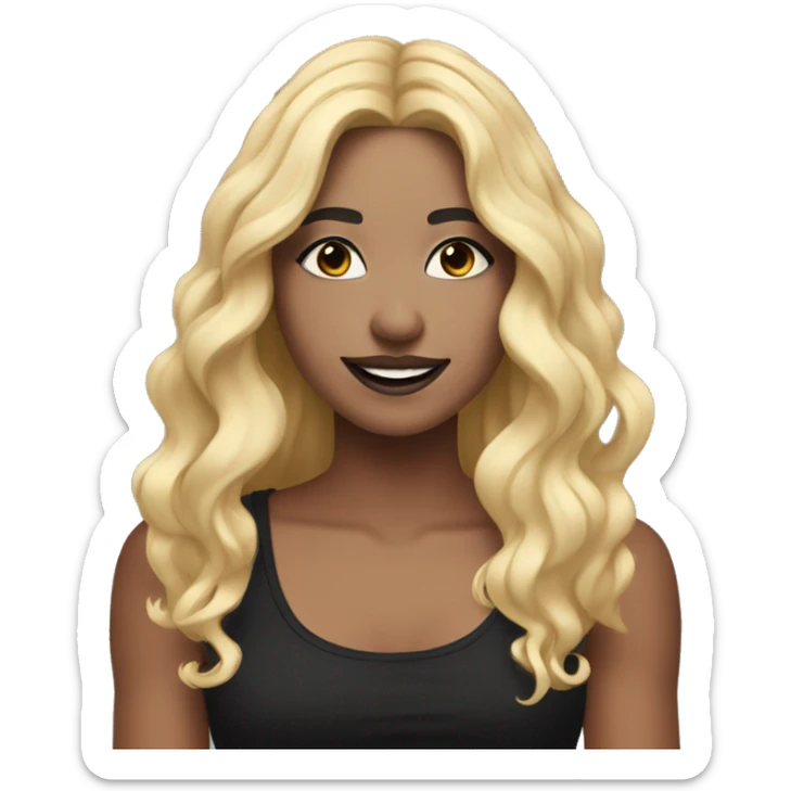 Girl with long wavy blonde hair eyes closed smiling black tank top and black makeup sticker