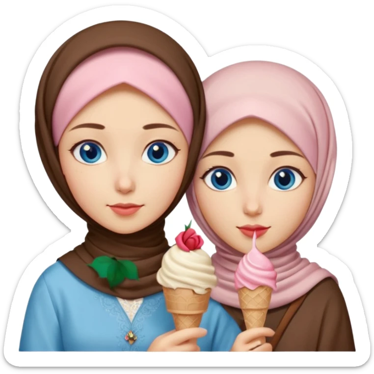 Turkish beautiful finish Konya two girls blue eyes with beige hijab islamic dress and had on her hand Rose ice cream sticker