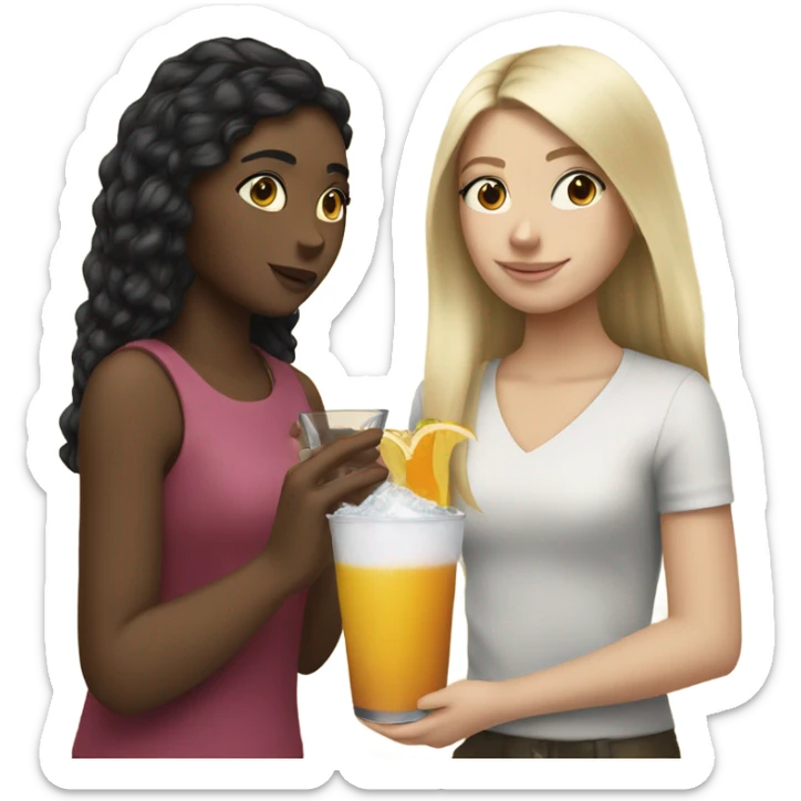 Blonde girl handing brunette girl a drink sticker