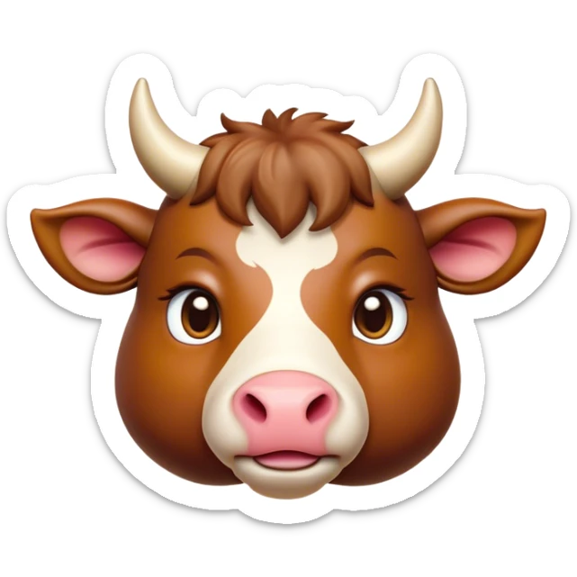 Cinematic Cute Domestic Ox Portrait Emoji, Head tilted playfully and inquisitively, with a robust, compact build and a polished hide adorned with subtle natural patterns, round, sparkling eyes full of gentle curiosity, Simplified yet irresistibly adorable features, highly detailed, glowing with a warm, friendly glow, high shine, affectionate and grounded, stylized with a touch of rustic charm, soft glowing outline, capturing the essence of a mischievous yet loving ox that feels like it could amble out of the screen into your arms! sticker