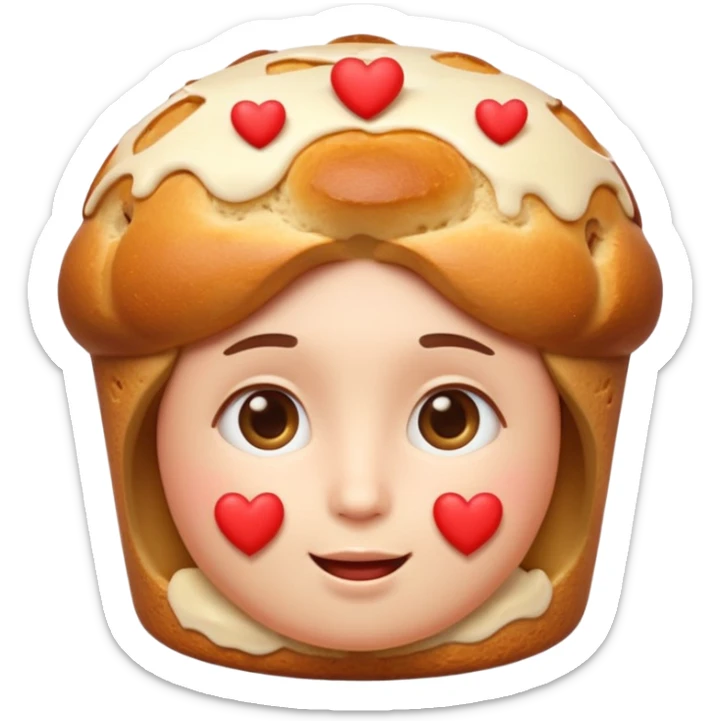 Apple-style emoji illustration of a cute face with dreamy eyes hugging a traditional panettone, small hearts floating around, soft 3D emoji style, smooth gradients, rounded shapes, warm festive colors, simple expression, centered composition, transparent background, no text. sticker
