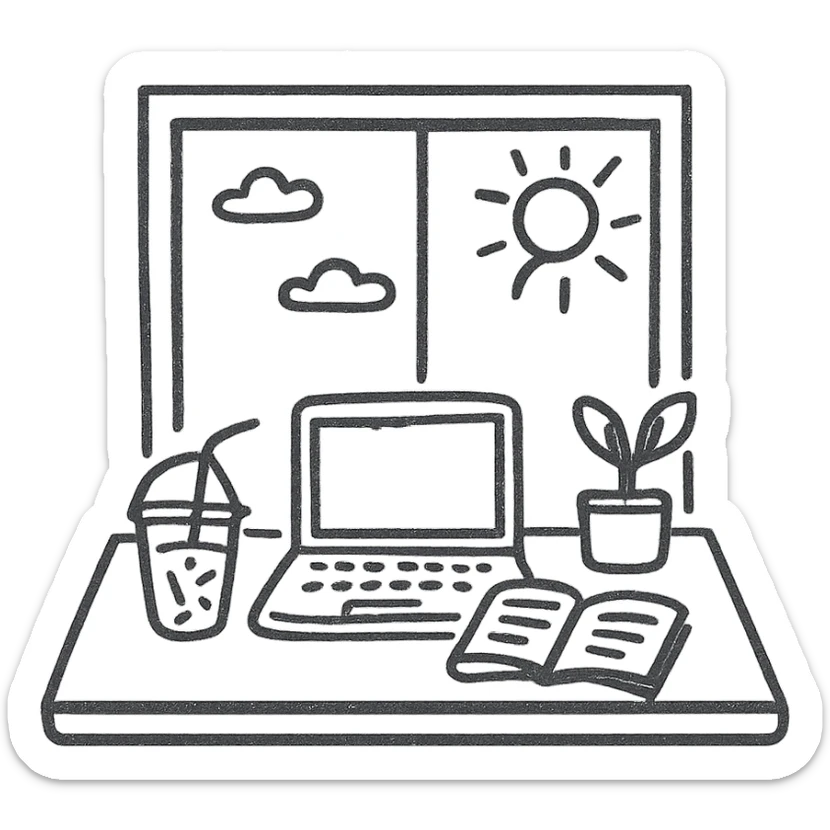 A desk by the window with summer sunshine in the background. On the desk, there is a laptop, a cup of iced coffee, and a small plant. An opened book is also present. sticker