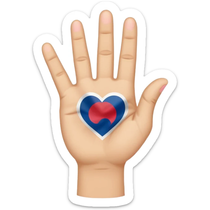 An emoji-style illustration of a hand making the Korean finger heart gesture. The hand should have a cute and expressive cartoon style, resembling modern emojis. Include subtle cultural details like a small South Korean flag on the wrist or background. Bright, colorful, and cheerful aesthetic sticker