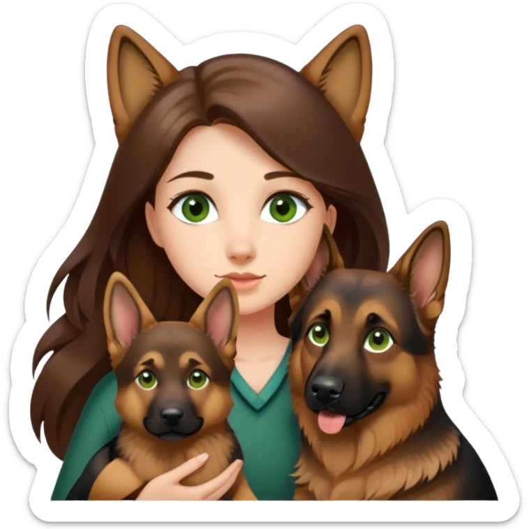 girl with long brown hair and green eyes holding a german shepherd  sticker