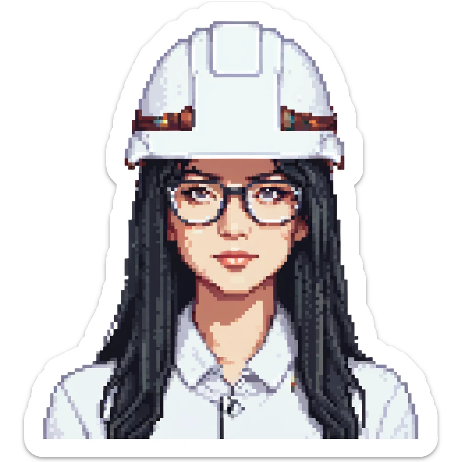 A woman with long, straight black hair, wearing glasses and a white architect's helmet sticker