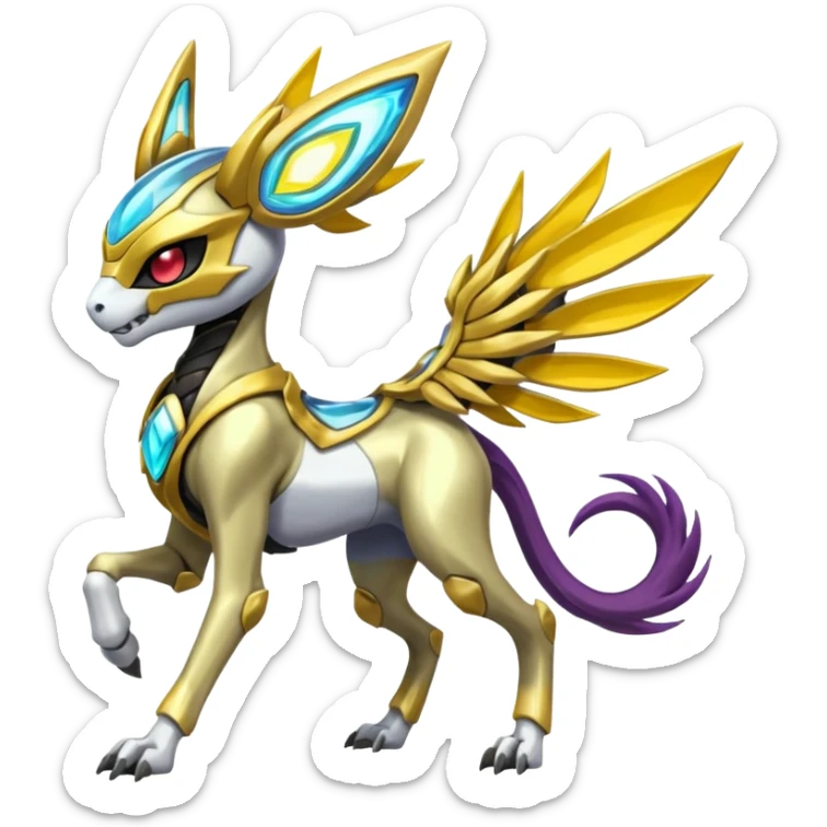 Colorful Skeletal masked armored Futuristic Meloetta-Manectric-Solgaleo-Raikou-Pokémon-Digimon-Fakémon-fusion-hybrid-creature, full body sticker