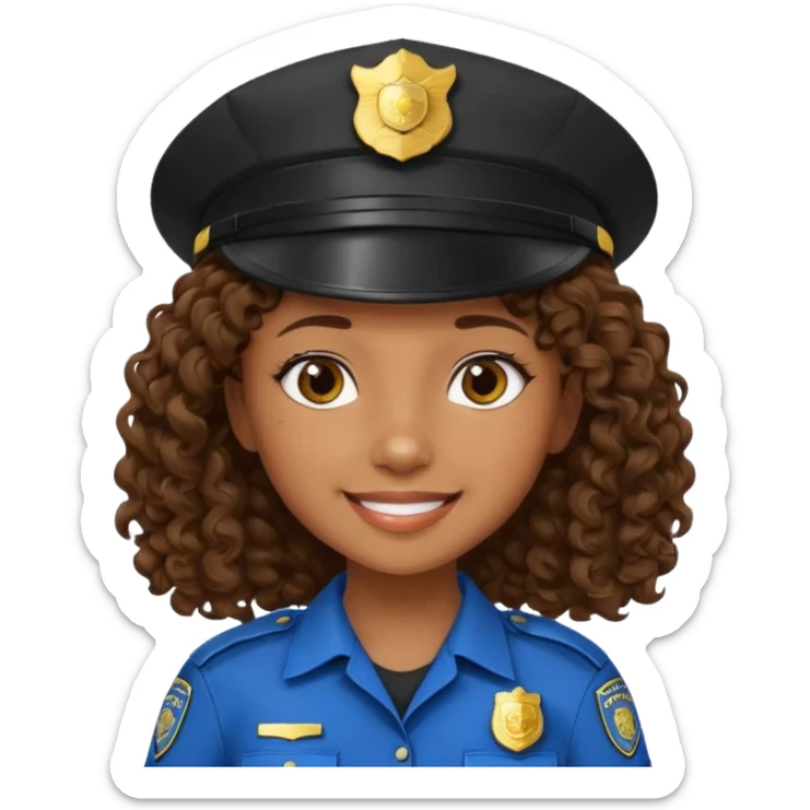 a cartoon-style avatar of a girl police officer with curly brown hair, wearing a black cap sticker