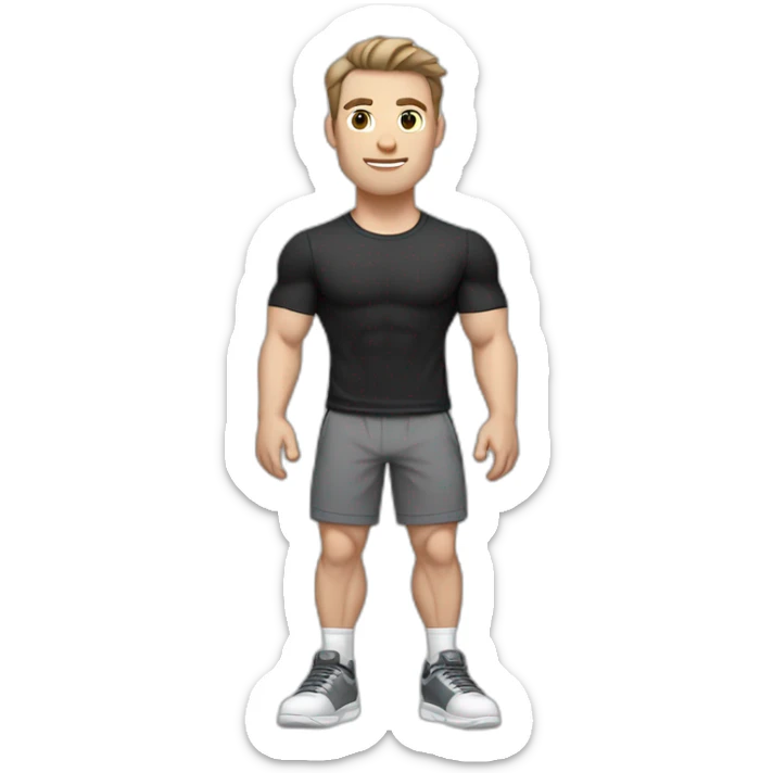 Pale skinned Fit Man With the biceps and dark brown hair in black shirt, gray sports shorts and white Sneakers Relies on the plane sticker