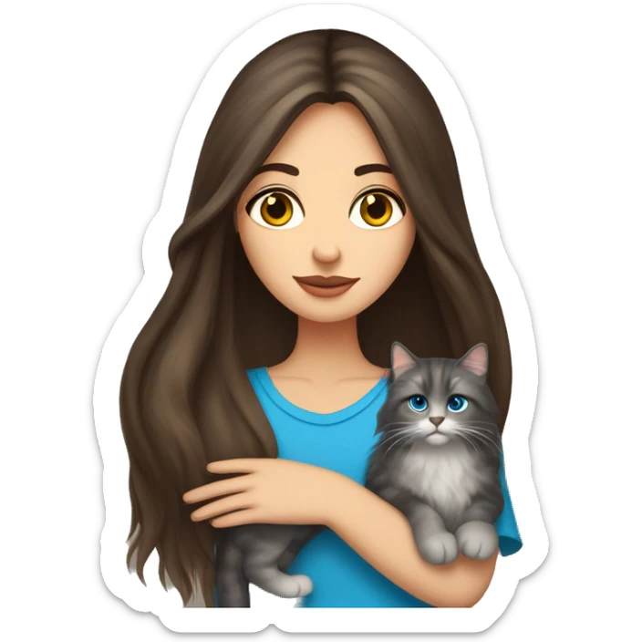 long straight haired blue eyed brunette woman holding norwegian forest cat with amber eyes sticker