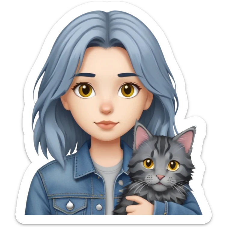 girl with black and yellow hair wearing denim jacket with gray maine coon cat sticker