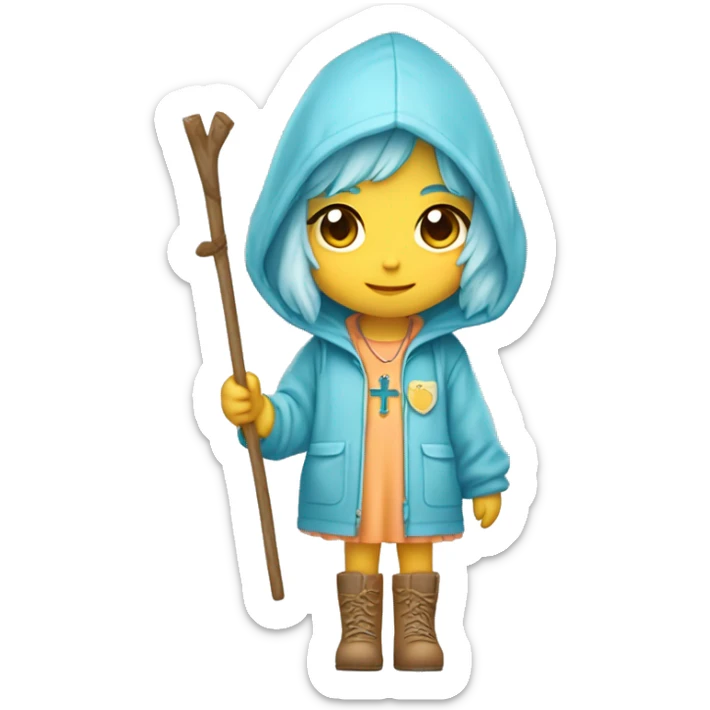 Cute little girl with light blue hair with peach skin, with yellow raincoat hooded with boots holding a wooden staff, with a cross necklace, Sanrio design sticker