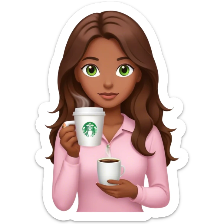 pretty woman with very long brown hair and green eyes and light pink outfit with a coffee sticker