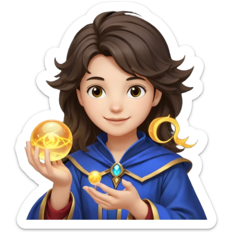 A teen brunette mage with tousled hair, holding a tiny glowing orb and smiling confidently. sticker