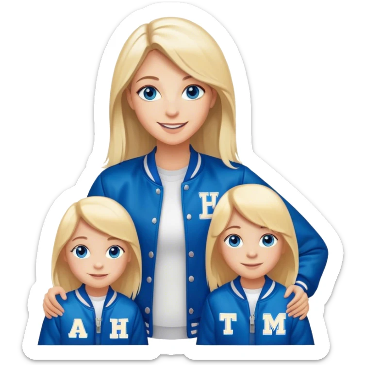smiling mother in letterman jacket Blue eyes, Name is Tini, two Little girls Long blond straight hair and Blue eyes sticker