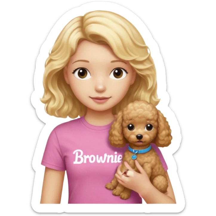 hazme un emoji que sea una niña rubi con el pelo ondulado i una camiseta rosa que ponga brownie, i acariciando a un perro (caniche toy) sticker