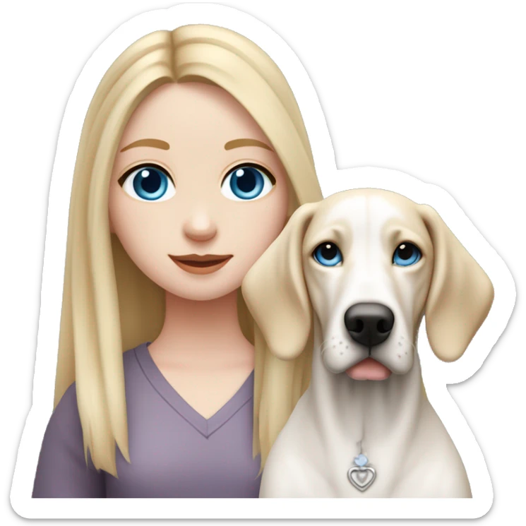 pale skin girl with blue eyes with long blonde hair that has a flower in her hair  holding a English pointer mixed with a lab dog breed the dog also has a flower in its hair sticker