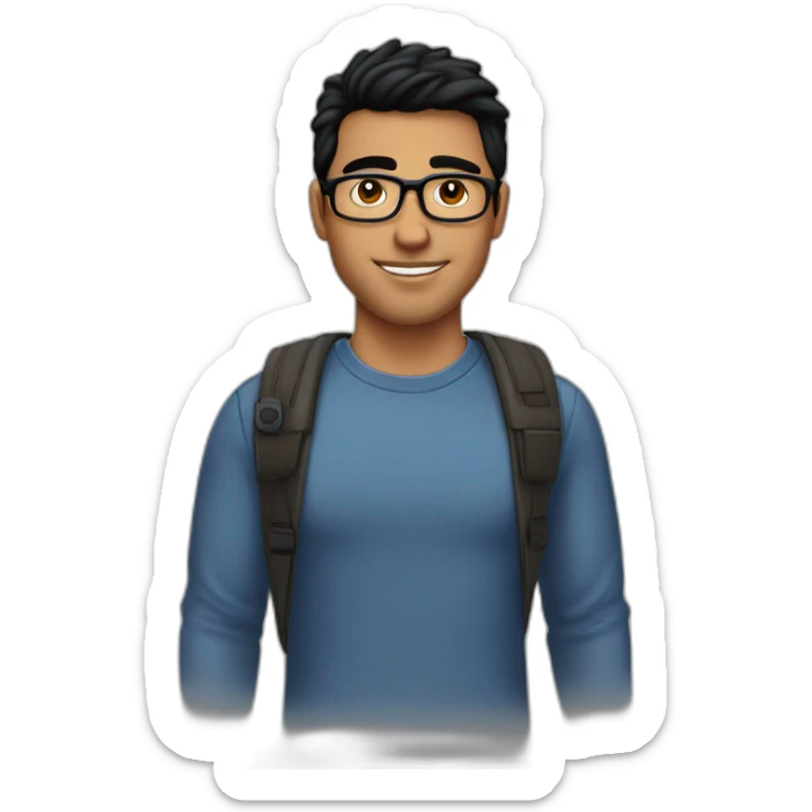 Hispanic dude. Fringe up haircut. Black hair. Glasses. Brown eyes. Dimples sticker