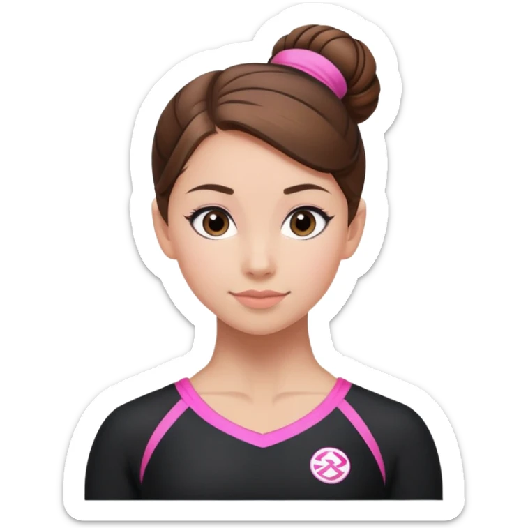 A female gymnast with brown hair in a neat bun, wearing a black uniform with pink elements. sticker