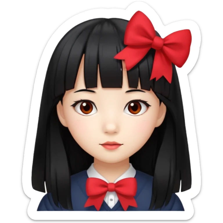 Asian student girl little with long straight black hair, bangs, red bow sticker