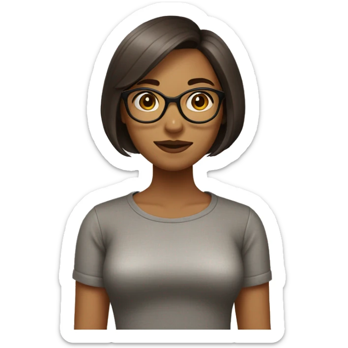 A woman with a fair, round face, large eyes, and a small mouth. She wears glasses and has a cute, shoulder-length bob haircut in brown sticker