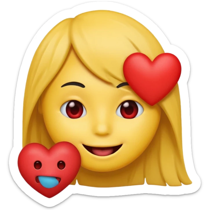 yellow emoji face holding a heart and hes so happy with emo hair covering one eye so happy with teeth and tongue sticker