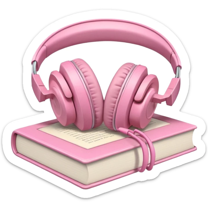  pink pair of modern headphones resting on top of a closed book, soft shadows, realistic style, calm and cozy mood, isolated on transparent background sticker