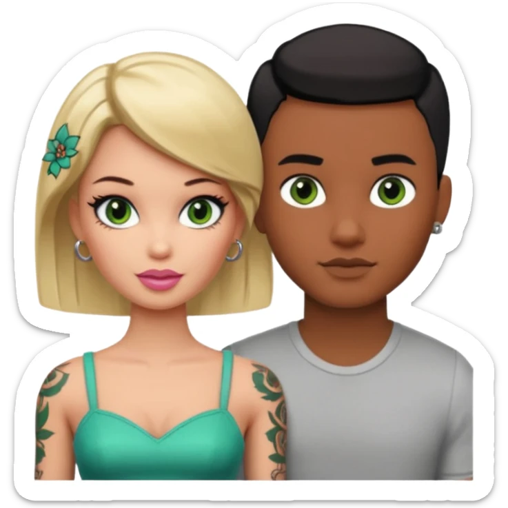 Brown skin blonde hair brown eyed barbie with her pale boyfriend with black short hair and green eyes with tattoos sticker