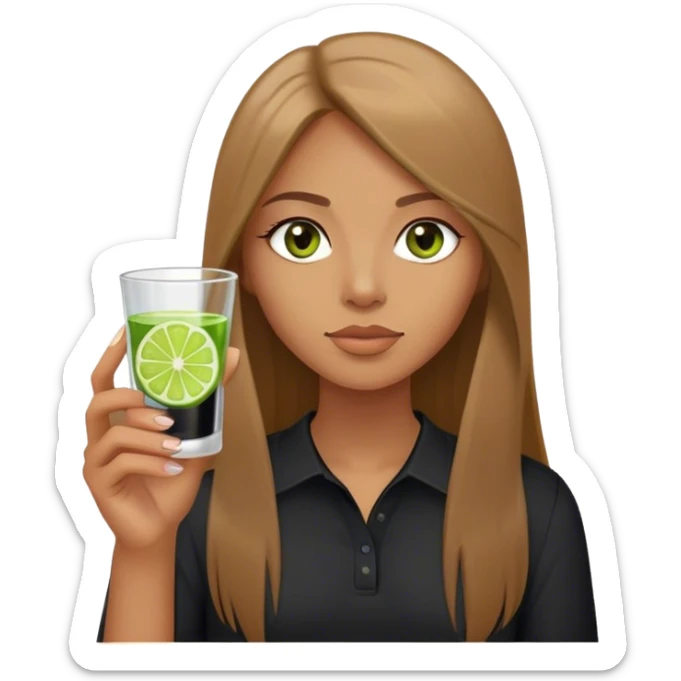 tan woman, black shirt, long light brown straight hair, grey eyes, holding a shot with lime sticker