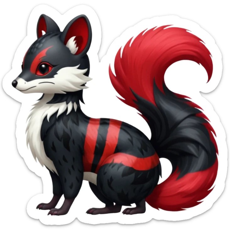 Feral Rare Fantasy shiny soft fuzzy furry vibrant tropical obsidian-black and crimson-red Vernid-Trico-species-creature by LiLaiRa, random markings, tufted tail, tufted ears, full body with markings with white skunk-tail-stripes sticker