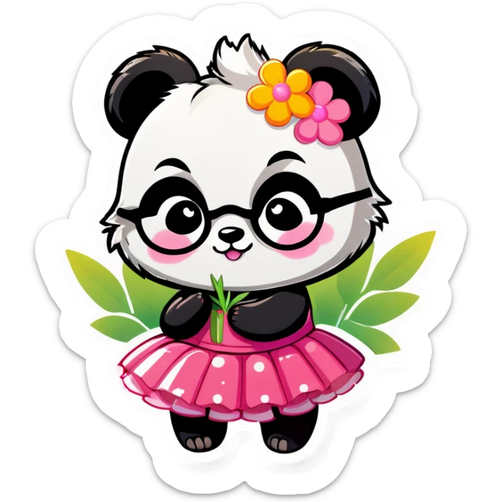 Cute female Panda wearing a tutu and glasses with a flower above 1 ear sticker