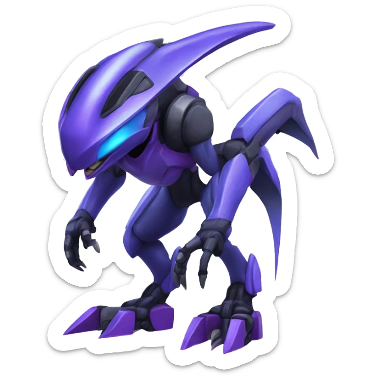 a black-blue-purple Genesect-Raptor-Fakémon—hybrid with a futuristic visor-helmet full body sticker