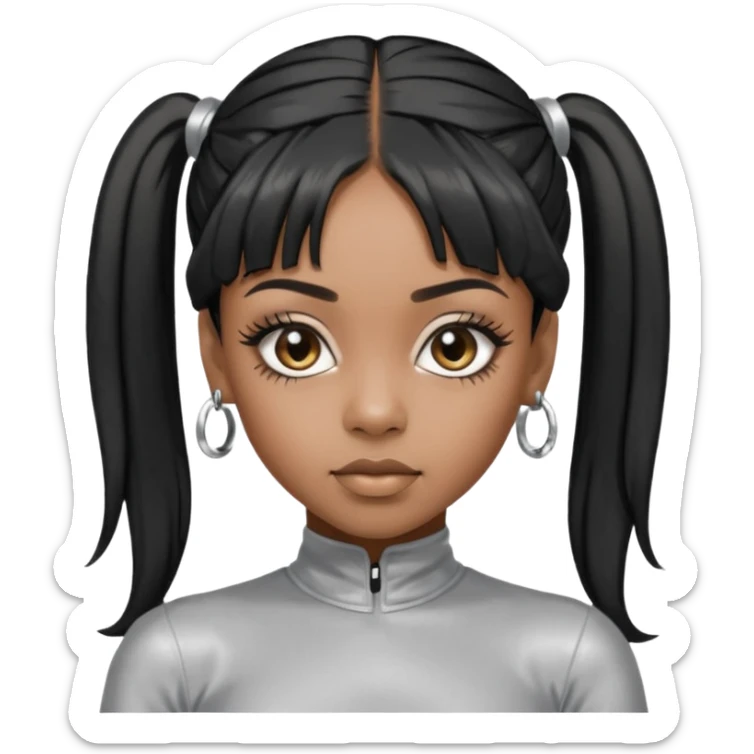 Left Eye from TLC with dark skin, long black ponytail hair, silver outfit sticker