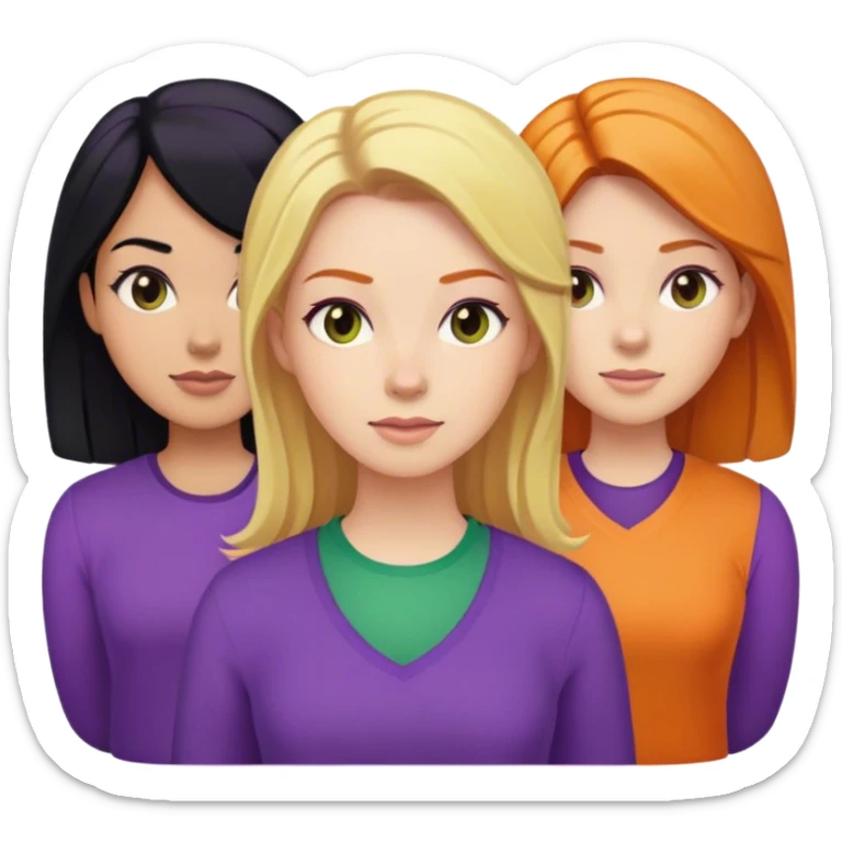 Black hair lady whit a blonde hair lady and a ginger hair lady wearing purple, green and orange clothes sticker