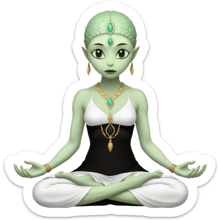 a Reptilian alien woman,in meditation, white dress like a priestess sticker