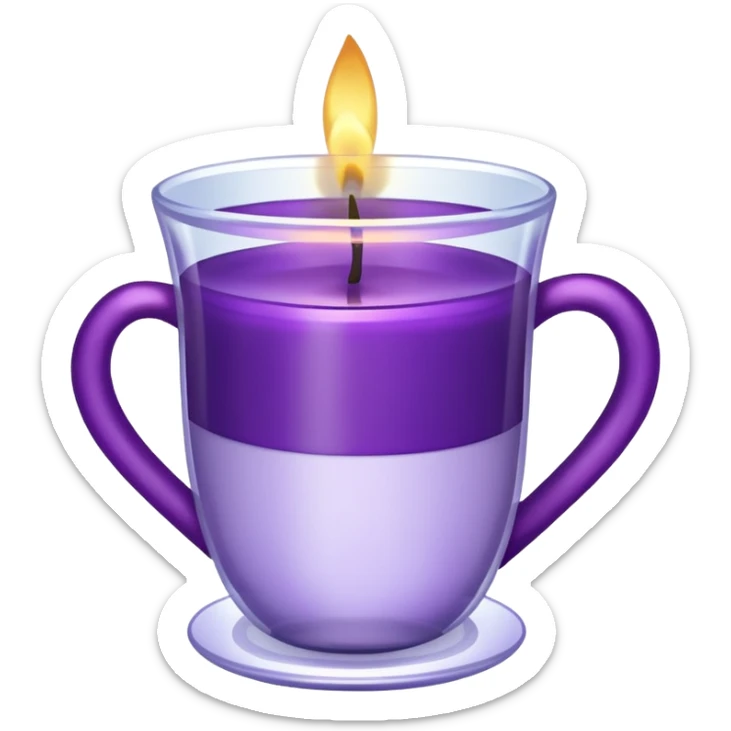 A transparent shot cup with purple wax that is lit as a candle, and purple ribbon wrapped around the cup. sticker
