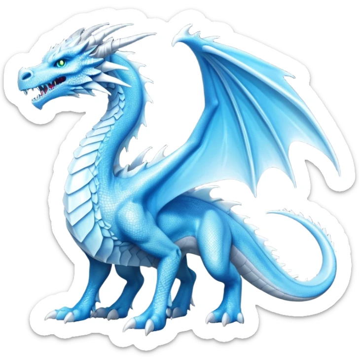 Cinematic Noble Fierce Ice Dragon full body Emoji, Poised and imposing, distinct long elegant snout, with a slender, scaled body shimmering in glacial hues of icy blue, frostbitten silver, and crystalline white, breathing out frost, with piercing, glowing eyes that radiate the chilling depths of an arctic storm; rendered in detail. displaying its wings sticker